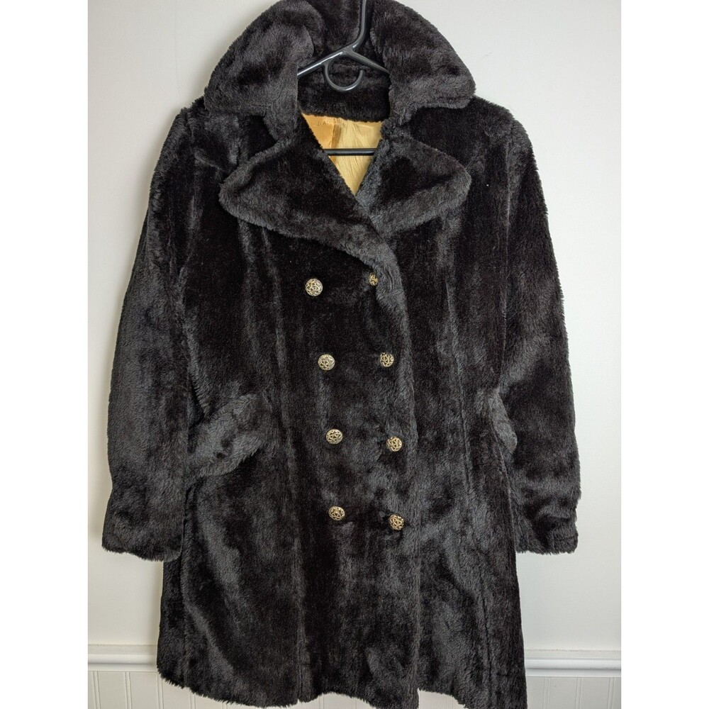 Vtg 70s Black Faux Fur Teddy Pea Coat ILGWU Mod Double Breasted Gold Buttons